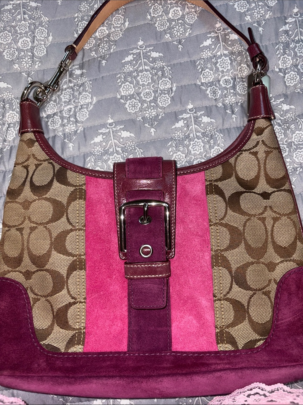 Coach Brown Signature Canvas Shoulder Bag with Magenta and Pink Suede Accents
